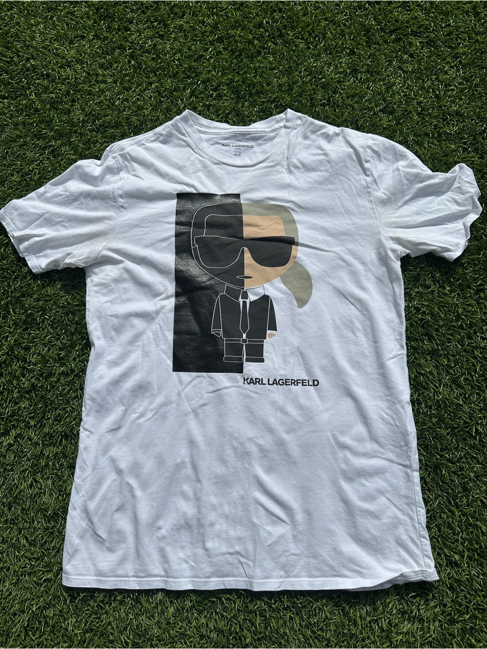 Karl Lagerfeld White Graphic Character Tee with Black & Tan Print
